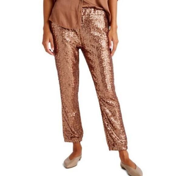 Splendid Collection Copper Bronze Metallic Brown Sequin Tapered Pant S - Picture 2 of 9